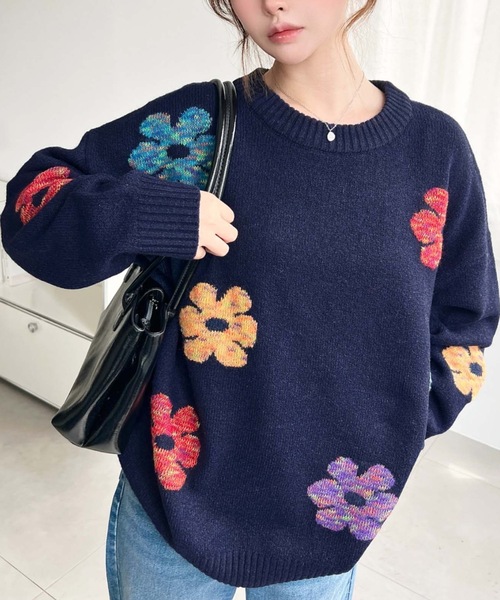 LOULOU select(ルルセレクト)の「【累計販売枚数1万枚突破!】 ミックスカラーフラワージャガードニットプルオーバー(ニット/セーター・レディース・チャコールグレー/グレー/アイボリー/ブラウン/ネイビー・M/L)」の16枚目の写真