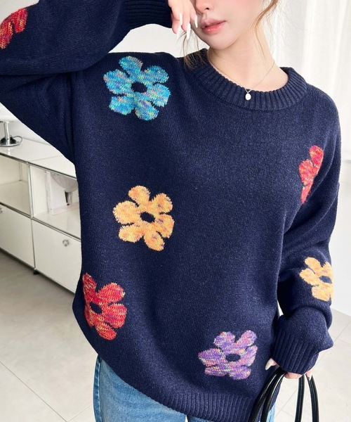 LOULOU select(ルルセレクト)の「【累計販売枚数1万枚突破!】 ミックスカラーフラワージャガードニットプルオーバー(ニット/セーター・レディース・チャコールグレー/グレー/アイボリー/ブラウン/ネイビー・M/L)」の15枚目の写真