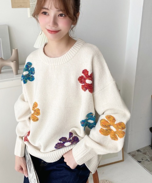 LOULOU select(ルルセレクト)の「【累計販売枚数1万枚突破!】 ミックスカラーフラワージャガードニットプルオーバー(ニット/セーター・レディース・チャコールグレー/グレー/アイボリー/ブラウン/ネイビー・M/L)」の20枚目の写真