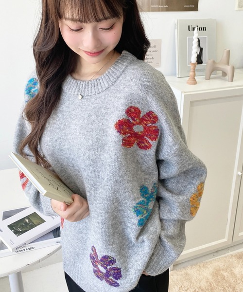45R 日本製ウール100%マカロンカラースプリングニット　ブルー色　美品 セール】【累計販売枚数1万枚突破！】6G ミックスカラーフラワー