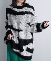 配色ゼブラジャガード風ニットトップス ［Soiunique］