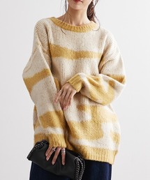 配色ゼブラジャガード風ニットトップス ［Soiunique］
