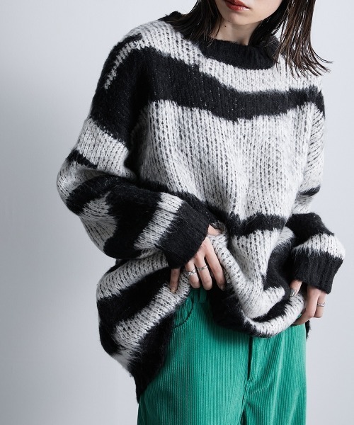 Soiunique（スワユニーク）の「配色ゼブラジャガード風ニットトップス ［Soiunique］（ニット/セーター・レディース・イエロー系/ベージュ系/ブラック系/ブラウン系・M）」の7枚目の写真