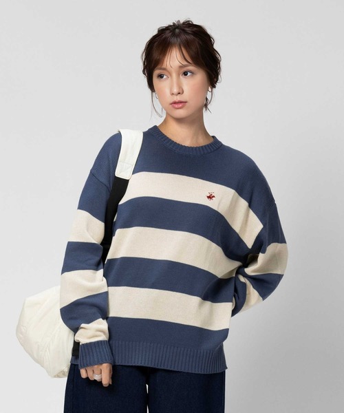 BEVERLY HILLS POLO CLUB（ビバリーヒルズポロクラブ）の「【BEVERLY HILLS POLO CLUB】【別注】ワンポイント刺繍クルーニット（ニット/セーター・レディース・キナリ/ネイビー×ホワイト・L/M）」の7枚目の写真