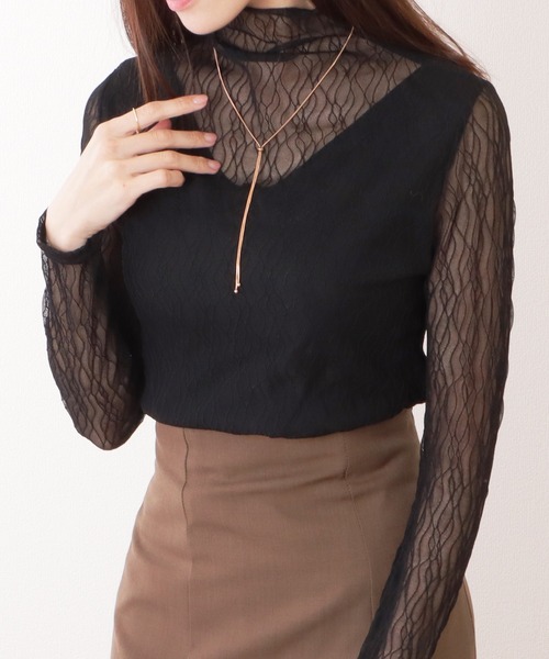 Lace Ladies(レースレディース)の「ウエーブライン メロウフリル プチハイネック シアー トップス(その他トップス・レディース・ブラック/アイボリー/モカ/ホワイト・FREE)」の1枚目の写真