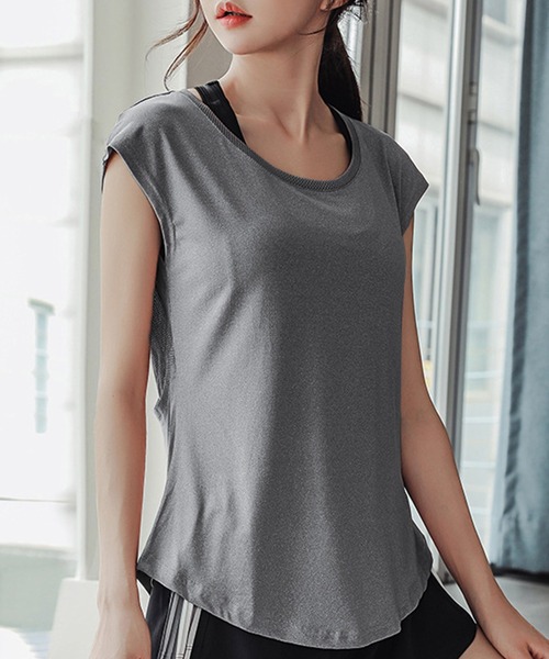 HYSSHOP（エイチワイエスショップ）の「【大きいサイズ有/速乾/ストレッチ有】フレンチスリーブメッシュヨガトップス ピラティスウェア レディース[トレーニングウェア/ジムウェア/ピラティスウェア]（その他トップス・レディース・ホワイト/ライラック/ブラック/レッド/ブルー系その他/グレー/ライトグレー・XL/L/S/M）」の5枚目の写真