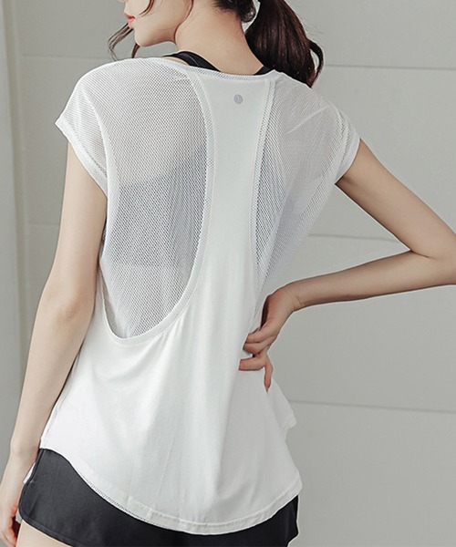 HYSSHOP（エイチワイエスショップ）の「【大きいサイズ有/速乾/ストレッチ有】フレンチスリーブメッシュヨガトップス ピラティスウェア レディース[トレーニングウェア/ジムウェア/ピラティスウェア]（その他トップス・レディース・ホワイト/ライラック/ブラック/レッド/ブルー系その他/グレー/ライトグレー・XL/L/S/M）」の2枚目の写真