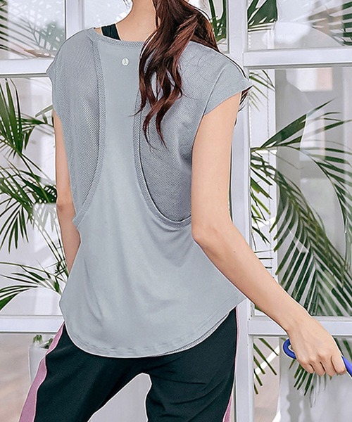 HYSSHOP（エイチワイエスショップ）の「【大きいサイズ有/速乾/ストレッチ有】フレンチスリーブメッシュヨガトップス ピラティスウェア レディース[トレーニングウェア/ジムウェア/ピラティスウェア]（その他トップス・レディース・ホワイト/ライラック/ブラック/レッド/ブルー系その他/グレー/ライトグレー・XL/L/S/M）」の10枚目の写真