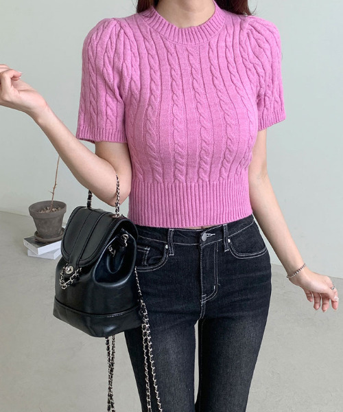 VIVID LADY(ビビッドレディー)の「半袖ケーブルニットブルオーバー春ニット(ニット/セーター・レディース・ブルー/アイボリー/ブラック/ピンク・FREE)」の5枚目の写真