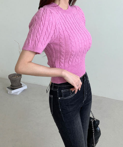 VIVID LADY(ビビッドレディー)の「半袖ケーブルニットブルオーバー春ニット(ニット/セーター・レディース・ブルー/アイボリー/ブラック/ピンク・FREE)」の10枚目の写真