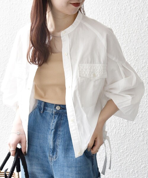 セール】SHIPS any:〈洗濯機可能〉ポプリン ステッチ ノーカラー