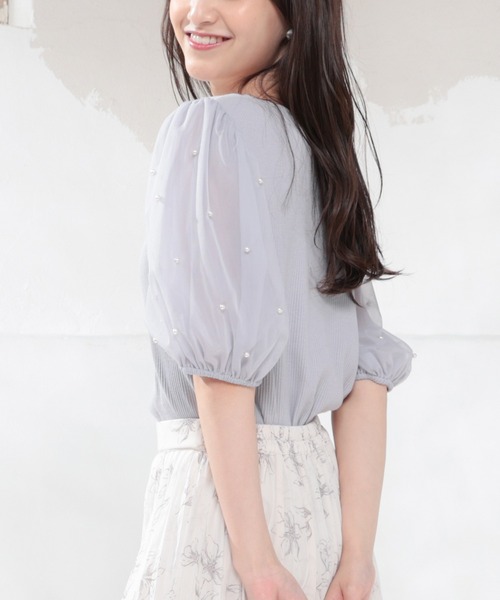 tシャツ パール付き袖レースTシャツ レディース Honeys（ハニーズ）の「袖パール付きトップス（Tシャツ