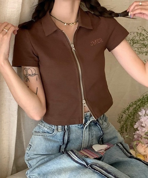 NANEA(ナネア)の「クロップド丈 襟付きダブルジップトップス(Tシャツ/カットソー・レディース・ピンク/ブラウン/グレー/ホワイト・SMALL/MEDIUM/LARGE)」の14枚目の写真