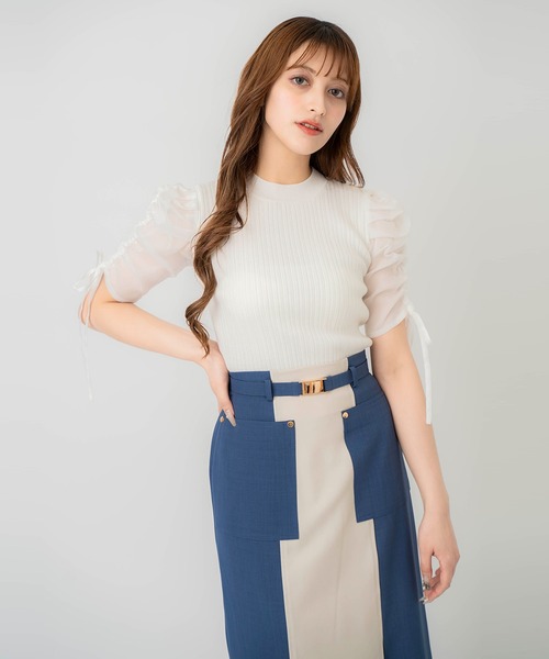 REDYAZEL（レディアゼル）の「半袖シアースリーブニット（ニット/セーター・レディース・オフホワイト/グレー/ピンク/ブラック・FREE）」の2枚目の写真