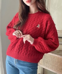 【着丈が選べる】くま刺繍ケーブルニット