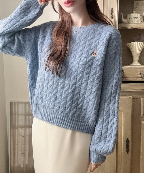 セール】【着丈が選べる】くま刺繍ケーブルニット（ニット