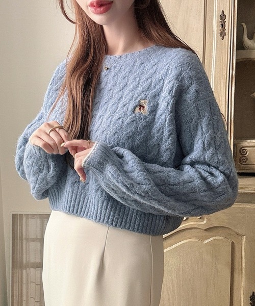着丈が選べる】くま刺繍ケーブルニット（ニット/セーター