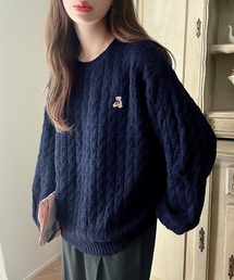 【着丈が選べる】くま刺繍ケーブルニット