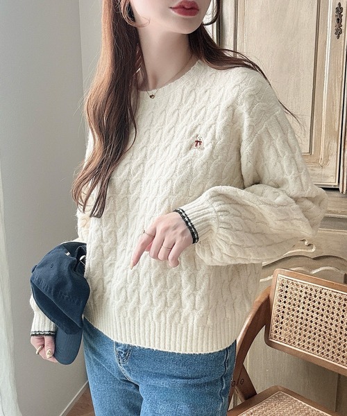 セール】【着丈が選べる】くま刺繍ケーブルニット（ニット