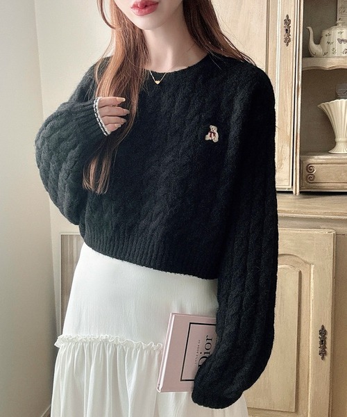 セール】【着丈が選べる】くま刺繍ケーブルニット（ニット/セーター