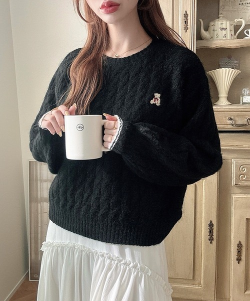 セール】【着丈が選べる】くま刺繍ケーブルニット（ニット/セーター