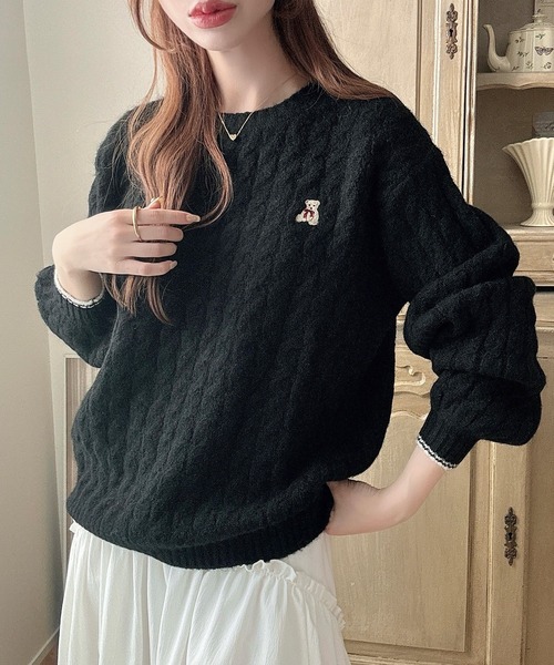 セール】【着丈が選べる】くま刺繍ケーブルニット（ニット