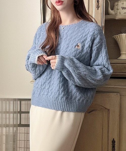 セール】【着丈が選べる】くま刺繍ケーブルニット（ニット