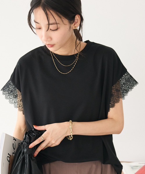 CRAFT STANDARD BOUTIQUE(クラフトスタンダードブティック)の「レーススリーブカットプルオーバー(Tシャツ/カットソー・レディース・オフホワイト/ブルー/ブラック・FREE)」の1枚目の写真