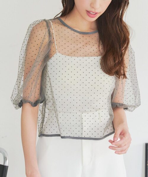 KOBE LETTUCE（コウベレタス）の「フロッキードットチュールパフスリーブプルオーバー（シャツ/ブラウス・レディース・アイボリー系/グレー系/ブラック系/ブラック系1・M）」の3枚目の写真