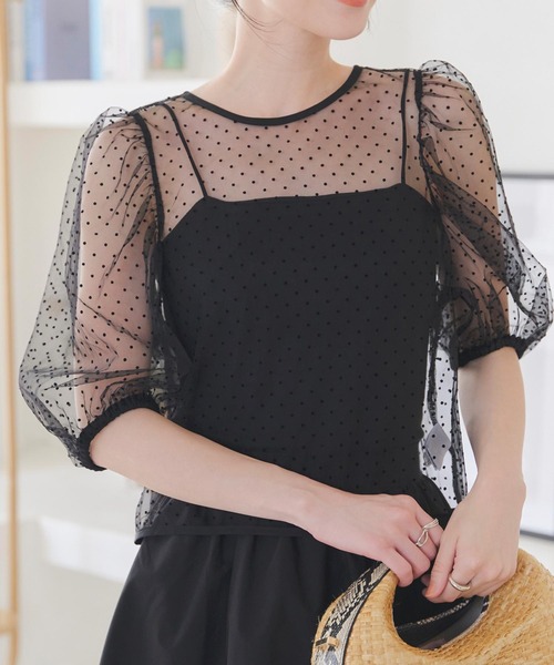 KOBE LETTUCE（コウベレタス）の「フロッキードットチュールパフスリーブプルオーバー（シャツ/ブラウス・レディース・アイボリー系/グレー系/ブラック系/ブラック系1・M）」の5枚目の写真