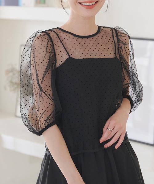 KOBE LETTUCE（コウベレタス）の「フロッキードットチュールパフスリーブプルオーバー（シャツ/ブラウス・レディース・アイボリー系/グレー系/ブラック系/ブラック系1・M）」の6枚目の写真