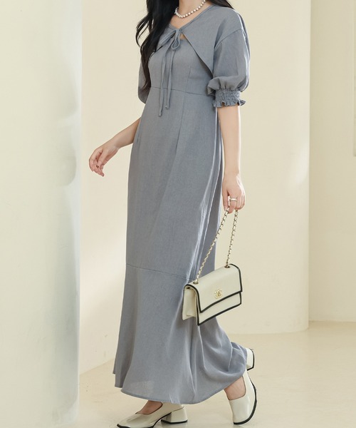 2点セット】ボレロ付き ソリッドカラー パフスリーブ ロング