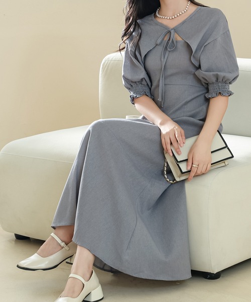 セール】【2点セット】ボレロ付き ソリッドカラー パフスリーブ