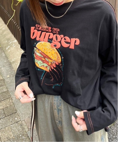DOUBLE NAME(ダブルネーム)の「TAKE IT HAMBURGER ロンTEE(Tシャツ/カットソー・レディース・ブラック/オフホワイト・FREE)」の10枚目の写真