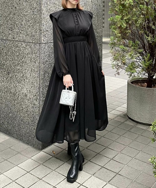 clear（クリア）の「ウエストシャーリングバックリボン長袖ワンピース [低身長用サイズ有 オケージョン 大人フェミニン 華奢見え 1着で華やかなコーデ]≪2024AW新作≫（ワンピース・レディース・ライトベージュ/ブラック/ブルーグレー・F/XS）」の4枚目の写真