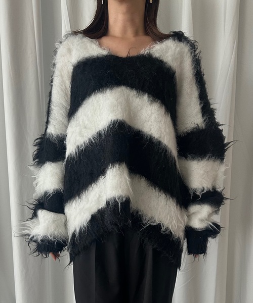 loin nuit（ロワンニュイ）の「shaggy striped knit / シャギーストライプニット（ニット/セーター・レディース・ライトグリーン/ブラック/ブルー・FREE）」の19枚目の写真