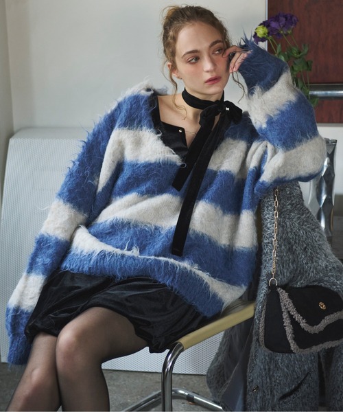 MARK & LONA ネイビー ストライプ セーター セール】shaggy striped knit / シャギーストライプニット（ニット