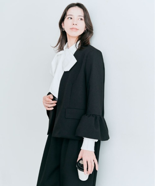 kirakiraShop(キラキラショップ)の「OUI CLASSY ノーカラー フレア スリーブ ジャケット(ノーカラージャケット・レディース・ネイビー/チャコール/ブラック・S/M/L)」の17枚目の写真