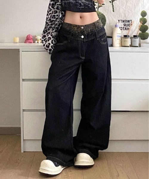 モード】STARTEXCEEDEND フェイクレイヤードレザーデニムパンツ