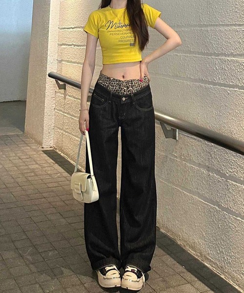 lilful（リルフル）の「ダブルウエスト レオパード柄 ワイドデニムパンツ フェイクレイヤード（デニムパンツ・レディース・ブラック・S/M/L）」の16枚目の写真