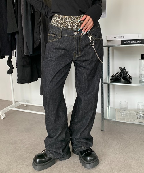 lilful（リルフル）の「ダブルウエスト レオパード柄 ワイドデニムパンツ フェイクレイヤード（デニムパンツ・レディース・ブラック・S/M/L）」の19枚目の写真