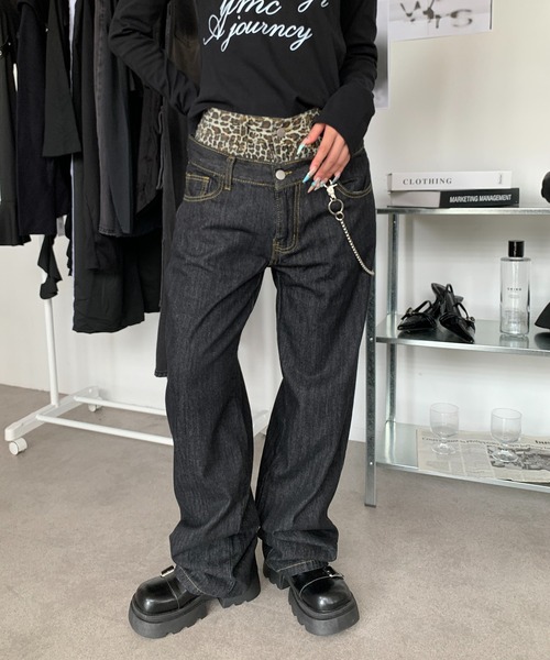lilful（リルフル）の「ダブルウエスト レオパード柄 ワイドデニムパンツ フェイクレイヤード（デニムパンツ・レディース・ブラック・S/M/L）」の20枚目の写真