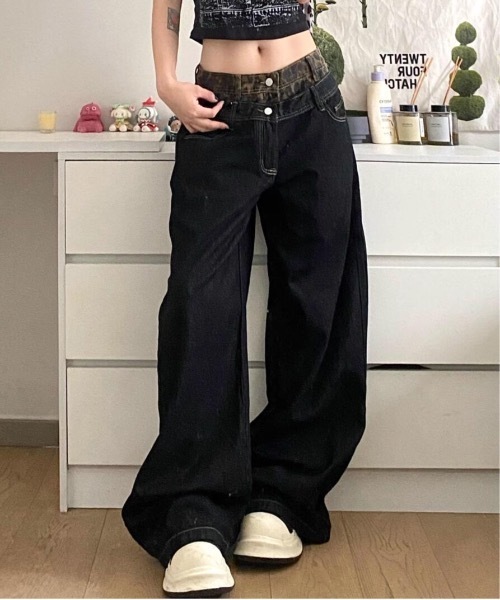 lilful（リルフル）の「ダブルウエスト レオパード柄 ワイドデニムパンツ フェイクレイヤード（デニムパンツ・レディース・ブラック・S/M/L）」の22枚目の写真