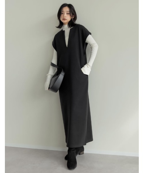 Re:EDIT（リエディ）の「[低身長サイズ有]圧縮ニットソーポケット付きキーネックワンピース（ワンピース・レディース・ブラウン/ブラック/ベージュ・SHORT/LARGE/MEDIUM）」の17枚目の写真
