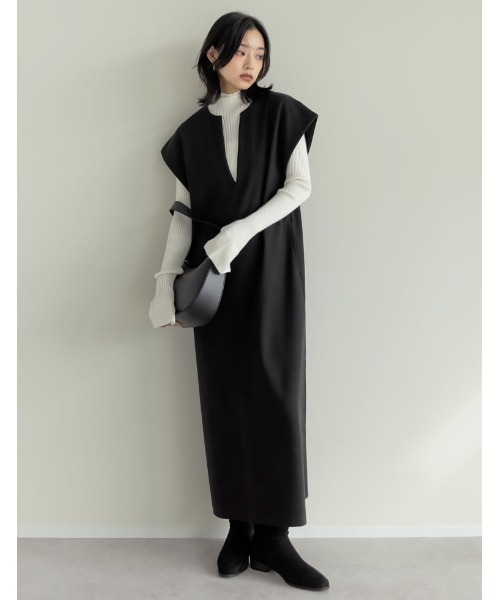 Re:EDIT（リエディ）の「[低身長サイズ有]圧縮ニットソーポケット付きキーネックワンピース（ワンピース・レディース・ブラウン/ブラック/ベージュ・SHORT/LARGE/MEDIUM）」の18枚目の写真