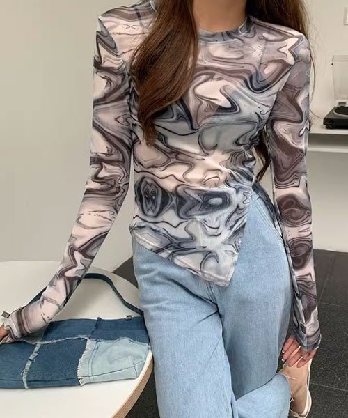 セール】【i-dare】タイダイ柄 シアー 長袖 スリット カットソー（T