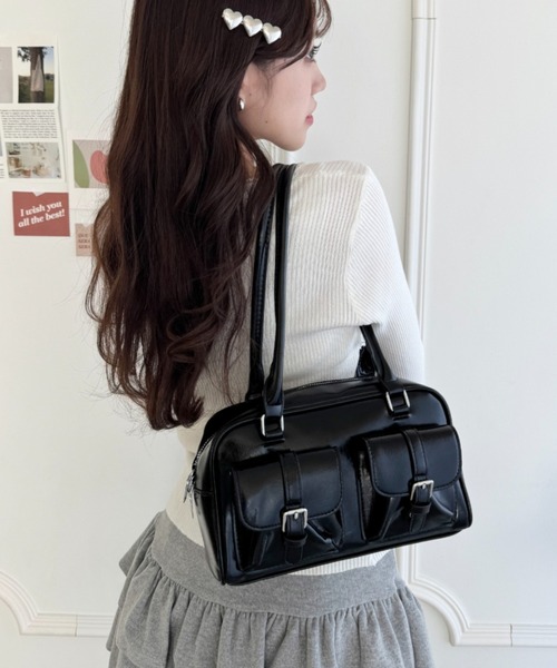 セール】ダブルポケットロングハンドルPUバッグ（ショルダーバッグ