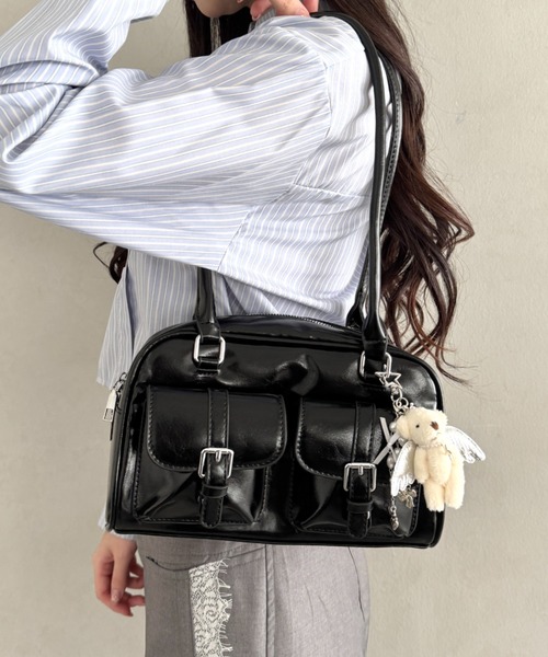 セール】ダブルポケットロングハンドルPUバッグ（ショルダーバッグ