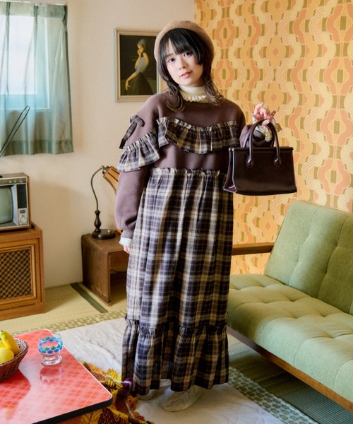 コーデ売り ネイビー 刺繍 スウェット 赤チェック ワンピース リボン レトロ kutir ワンピース 「クティールとレトロ」チェックドッキング