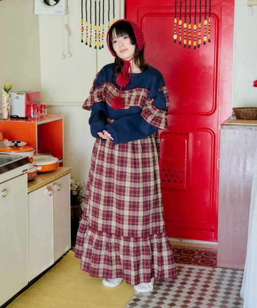 コーデ売り ネイビー 刺繍 スウェット 赤チェック ワンピース リボン レトロ コーデ売り ネイビー 刺繍 スウェット 赤チェック ワンピース